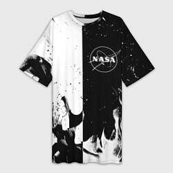 Футболка женская длинная Nasa черно белый огонь, цвет: 3D-принт