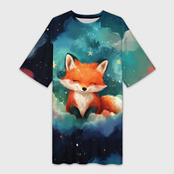 Футболка женская длинная Лисенок на облаках, цвет: 3D-принт