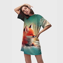 Футболка женская длинная Милый лисенок спит на облаке, цвет: 3D-принт — фото 2