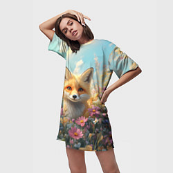 Футболка женская длинная Лиса в цветочном поле, цвет: 3D-принт — фото 2