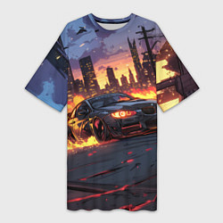 Футболка женская длинная BMW огненная дорога, цвет: 3D-принт