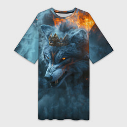 Футболка женская длинная Волк в короне в огне, цвет: 3D-принт