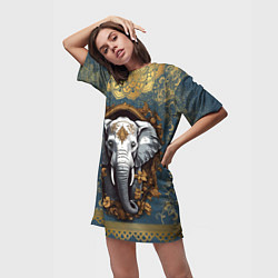 Футболка женская длинная Слон лотос и золотая мандала, цвет: 3D-принт — фото 2