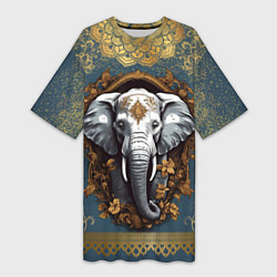 Футболка женская длинная Слон лотос и золотая мандала, цвет: 3D-принт