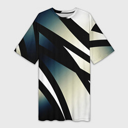Футболка женская длинная Чёрно-белый с синим затемнением полосы, цвет: 3D-принт