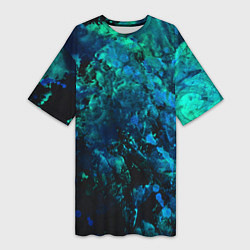 Женская длинная футболка Абстракция - blue-green paint spill