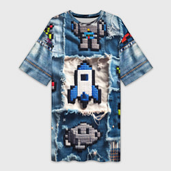 Футболка женская длинная Космический пиксельный корабль, цвет: 3D-принт