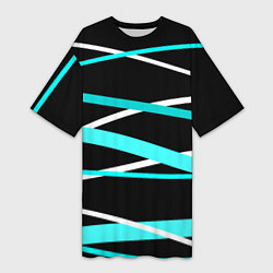 Футболка женская длинная Чёрный с бело-голубыми полосами, цвет: 3D-принт