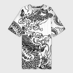 Женская длинная футболка Татуировка дракона на белом
