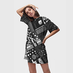 Футболка женская длинная Тёмный серый абстракция квадраты кружочки, цвет: 3D-принт — фото 2