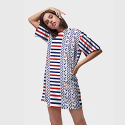 Футболка женская длинная Полосатый морской орнамент с якорями, цвет: 3D-принт — фото 2