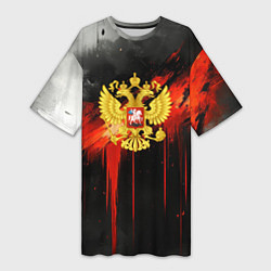 Футболка женская длинная Герб России - красная краска на черном, цвет: 3D-принт