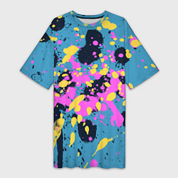 Женская длинная футболка Брызги краски розовой желтой и темно синей