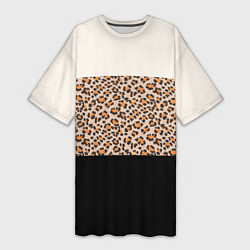 Женская длинная футболка Леопардовый паттерн с черной и бежевой полосой