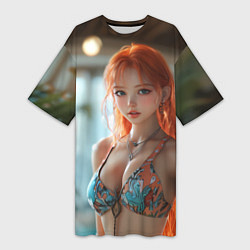 Футболка женская длинная Рыжая девушка в купальнике, цвет: 3D-принт