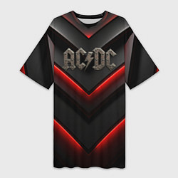 Футболка женская длинная ACDC лого из металла на черно-красной текстуре, цвет: 3D-принт