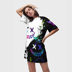 Футболка женская длинная Неоновые брызги - жуткие улыбки, цвет: 3D-принт — фото 2