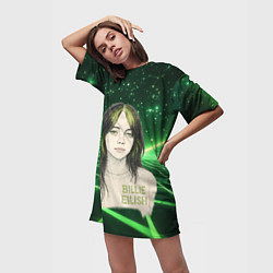 Футболка женская длинная Билли Айлиш нарисована с зелеными волосами, цвет: 3D-принт — фото 2