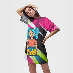 Футболка женская длинная Билли Айлиш в стиле мультфильма, цвет: 3D-принт — фото 2