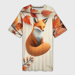Футболка женская длинная Лис под осенними листьями, цвет: 3D-принт