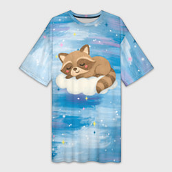 Футболка женская длинная Милый енот спит на облаке, цвет: 3D-принт