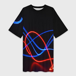 Женская длинная футболка Красно синие неоновые линии на черном фоне