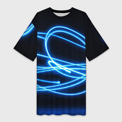 Женская длинная футболка Неоновые голубые волны на черном фоне