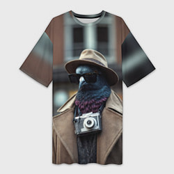 Женская длинная футболка Голубь шпион с ретро фотокамерой