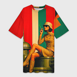 Футболка женская длинная Милитари девушка на оружейной башне ретрофутуризм, цвет: 3D-принт