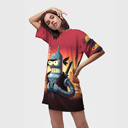 Футболка женская длинная Крутой ниндзя Бендер в ночном городе, цвет: 3D-принт — фото 2