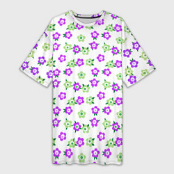 Футболка женская длинная Зеленые фиолетовые цветы на белом фоне, цвет: 3D-принт