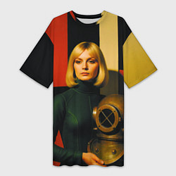 Женская длинная футболка Девушка с водолазным шлемом ретрофутуризм поп-арт