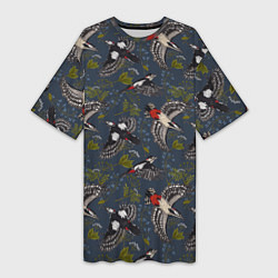 Футболка женская длинная Дятлы и цветы, цвет: 3D-принт