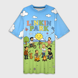 Футболка женская длинная Linkin Park мультяшный стиль на поляне, цвет: 3D-принт