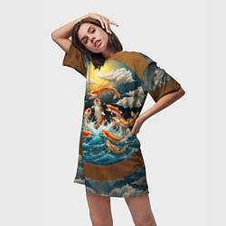 Футболка женская длинная Большие золотистые рыбы выпрыгивают из воды, цвет: 3D-принт — фото 2