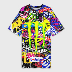 Футболка женская длинная Monster energy бренды стикеры, цвет: 3D-принт
