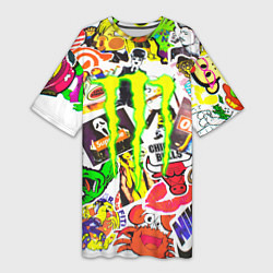 Футболка женская длинная Monster energy стикеры бренды, цвет: 3D-принт