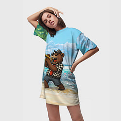 Футболка женская длинная Медведь играет ска на пляже, цвет: 3D-принт — фото 2