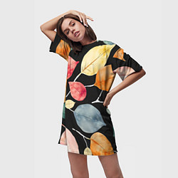 Футболка женская длинная Разноцветные акварельные листья на чёрном, AI, цвет: 3D-принт — фото 2