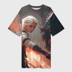 Футболка женская длинная Цири сражается с монстром, цвет: 3D-принт