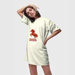 Футболка женская длинная Символ 2026 года красная огненная лошадь, цвет: 3D-принт — фото 2