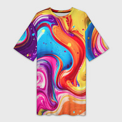 Женская длинная футболка Смесь красно-жёлто-голубых масляных красок абстрак