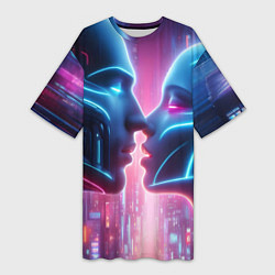 Футболка женская длинная Cyber love - metropolis neon glow, цвет: 3D-принт