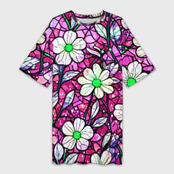 Женская длинная футболка Цветочный розовый витраж