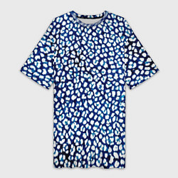 Футболка женская длинная Тёмный синий в белые пятнышки, цвет: 3D-принт