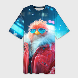 Футболка женская длинная Розовая птичка в куртке, цвет: 3D-принт