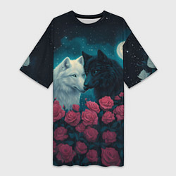 Футболка женская длинная Черный волк и белая волчица, цвет: 3D-принт