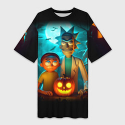 Футболка женская длинная Morty and Rick with pumpkin - neon halloween, цвет: 3D-принт