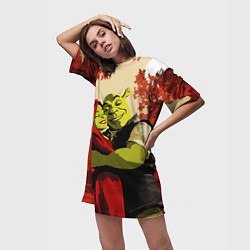 Футболка женская длинная Шрек и Фиона обнимаются в осеннем лесу, цвет: 3D-принт — фото 2