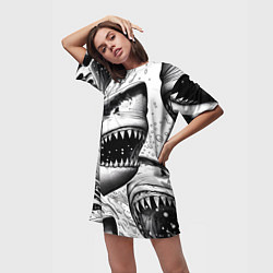 Футболка женская длинная Белая акула - стая, цвет: 3D-принт — фото 2
